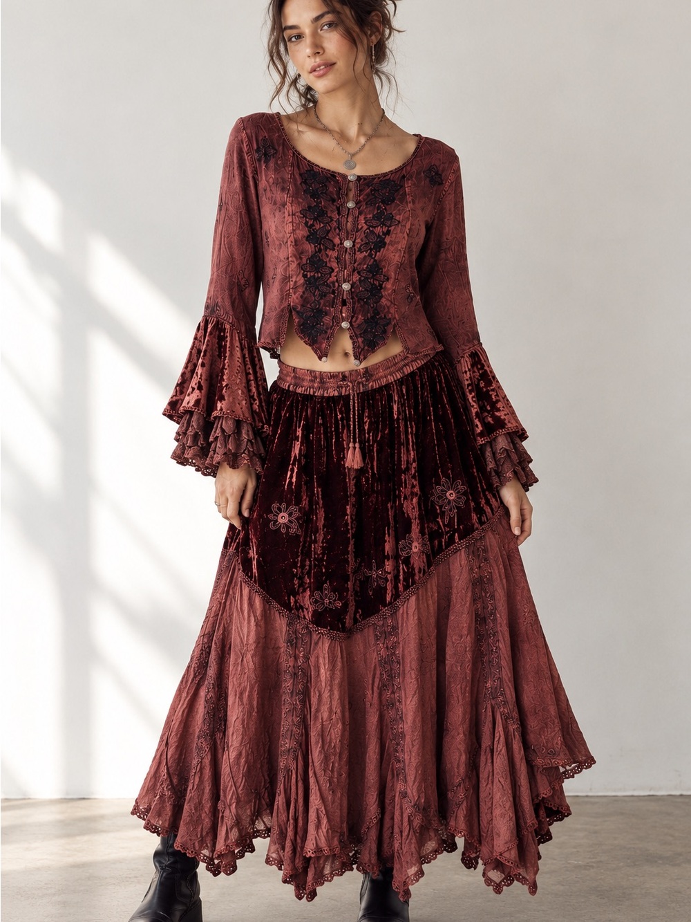 Vintage RIOT Free Size 2pc Boho Velvet Whimsigoth Bell Sleeve Renaissance